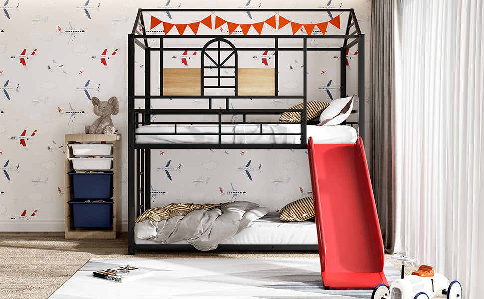 Twin Over Twin Metal Bunk Bed with Fun Slide – Available in Three Chic Colors (Black/Red, Black/Black, White/White)