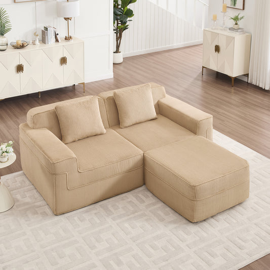 2-Seat L-Shape Modular Sectional Sofa with Deep Cushions, Movable Ottoman, Throw Pillows, Corduroy Camel