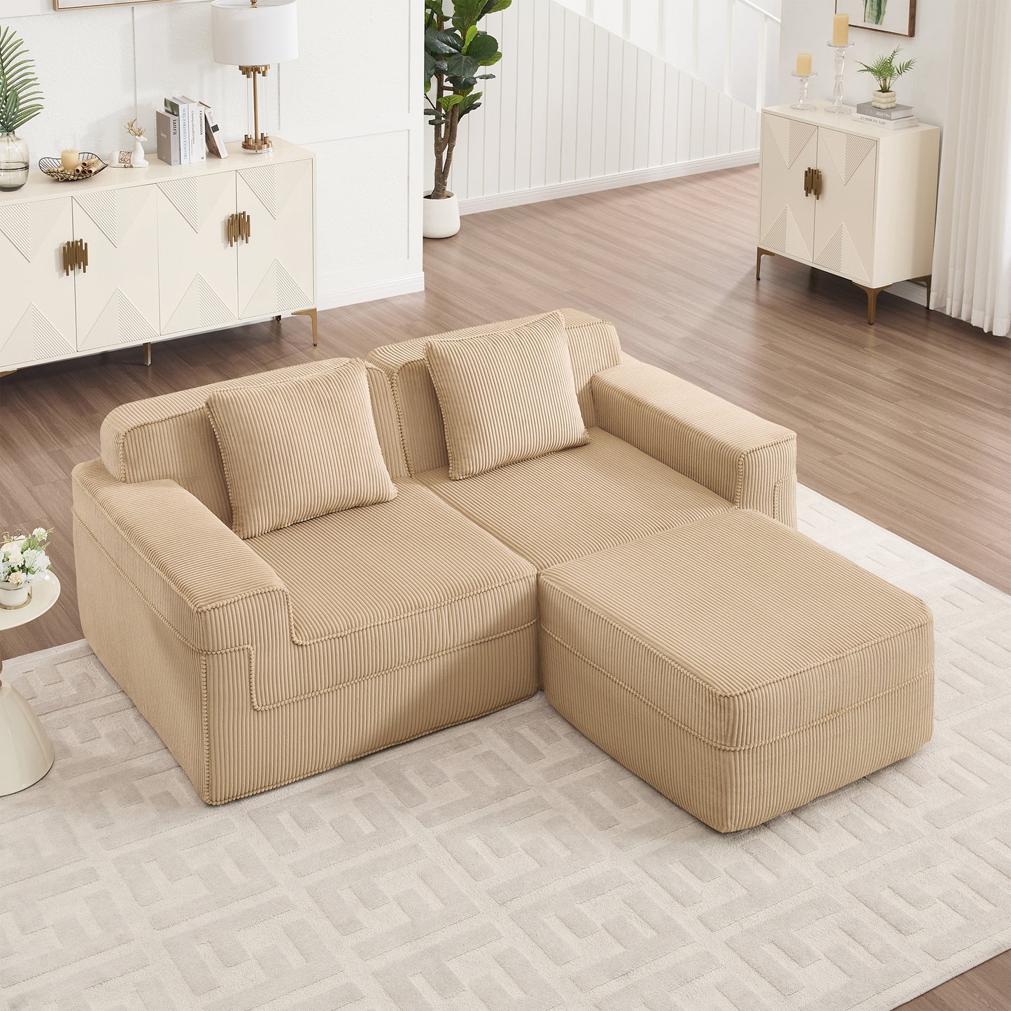 Modular 2-Seat L-Shaped Sectional Sofa with Boneless Cloud Seating and Ottoman, Corduroy Fabric Camel