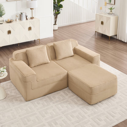 Modular 2-Seat L-Shaped Sectional Sofa with Boneless Cloud Seating and Ottoman, Corduroy Fabric Camel