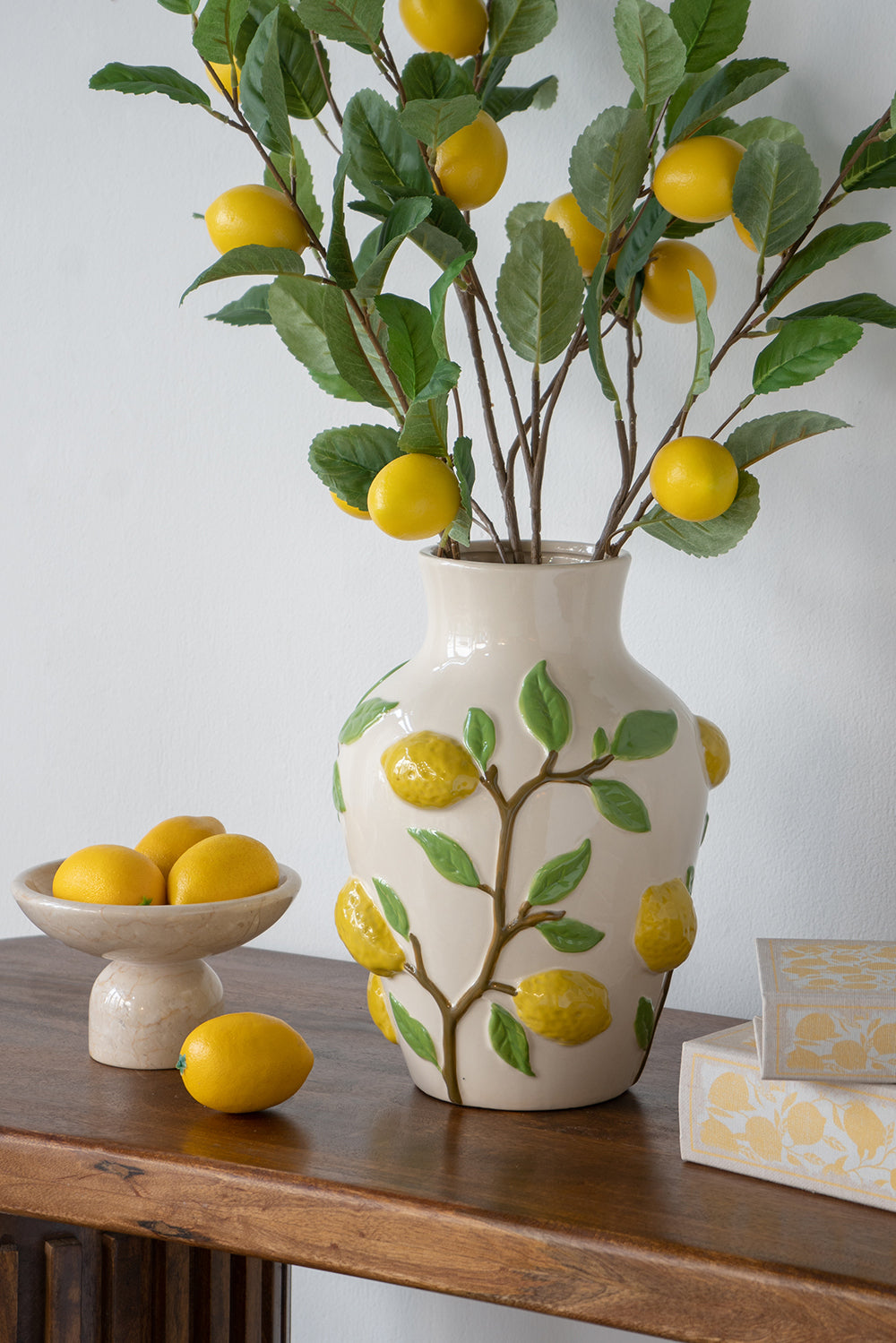 Ceramic Vase, 9x9x12.5 in, Round Vase with Lemon Accents, Living Room Decor Green, White, Yellow