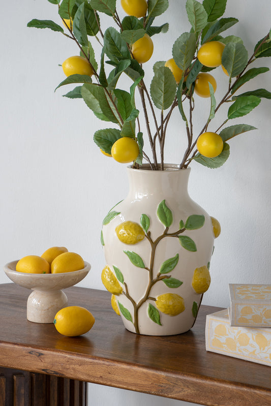 Ceramic Vase, 9x9x12.5 in, Round Vase with Lemon Accents, Living Room Decor Green, White, Yellow