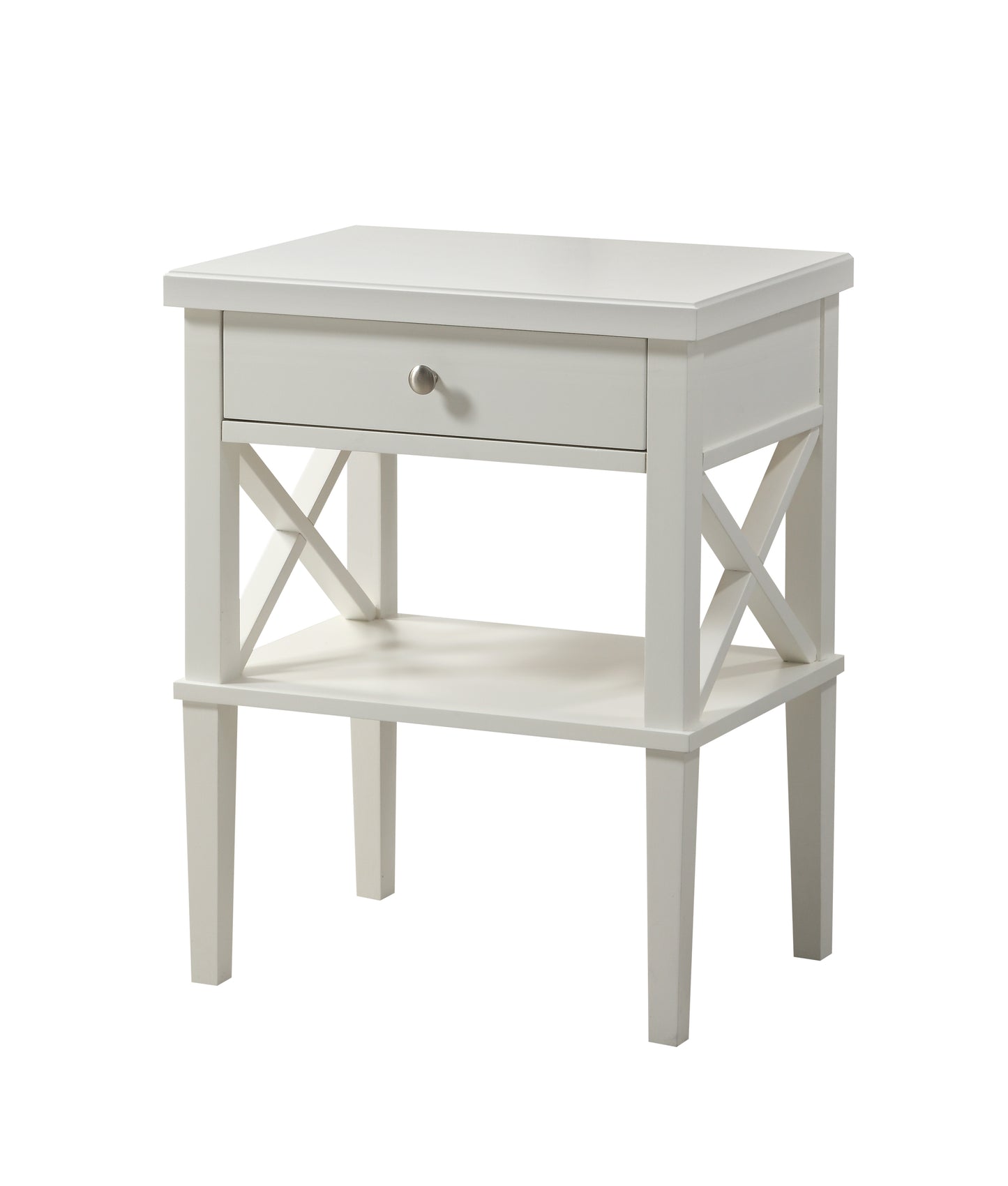 Solid Wood Bedroom Nightstand with Full-Extension Drawers and Open Shelf, 16x22x28 Brushed Nickel White