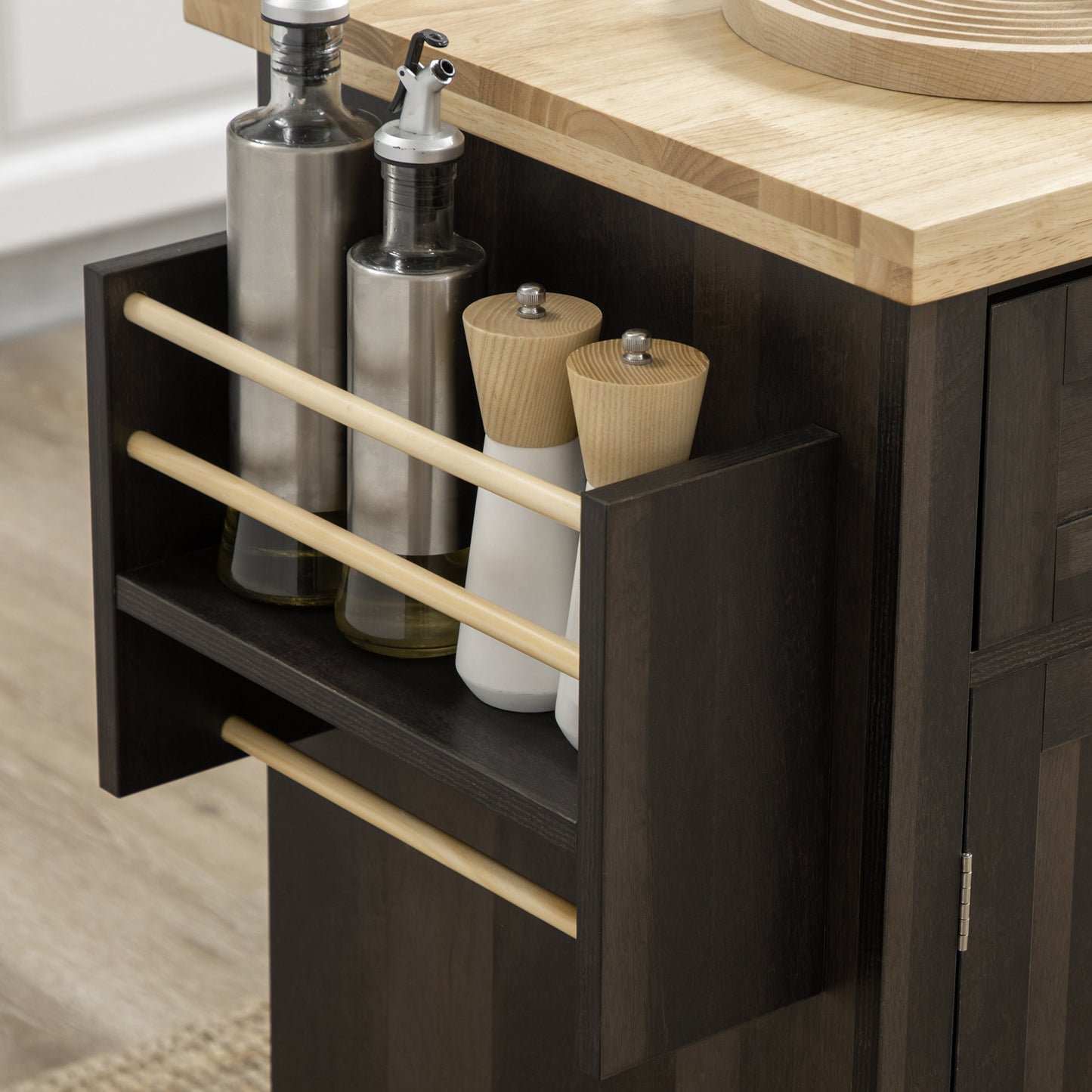 Modern Brown Oak Rolling Kitchen Island Cart with Spice Rack and Adjustable Shelves