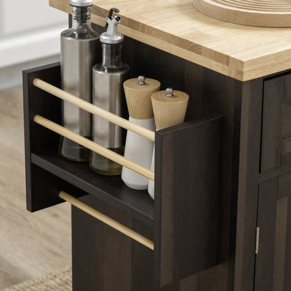 Modern Brown Oak Rolling Kitchen Island Cart with Spice Rack and Adjustable Shelves