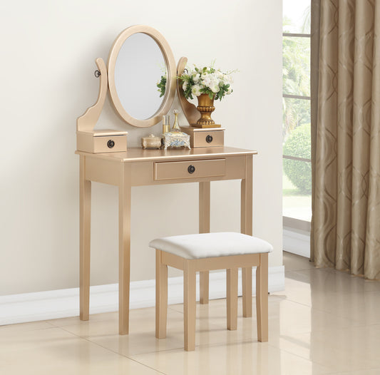Wood Makeup Vanity Table and Stool Set for Bedroom, Contemporary Style with Storage Drawer, Gold