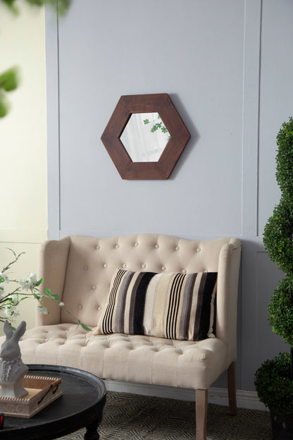 Hexagonal Teak Wood Framed Mirror - 18.5" Wall Decor for Living Room, Bathroom, or Hallway in Dark Brown