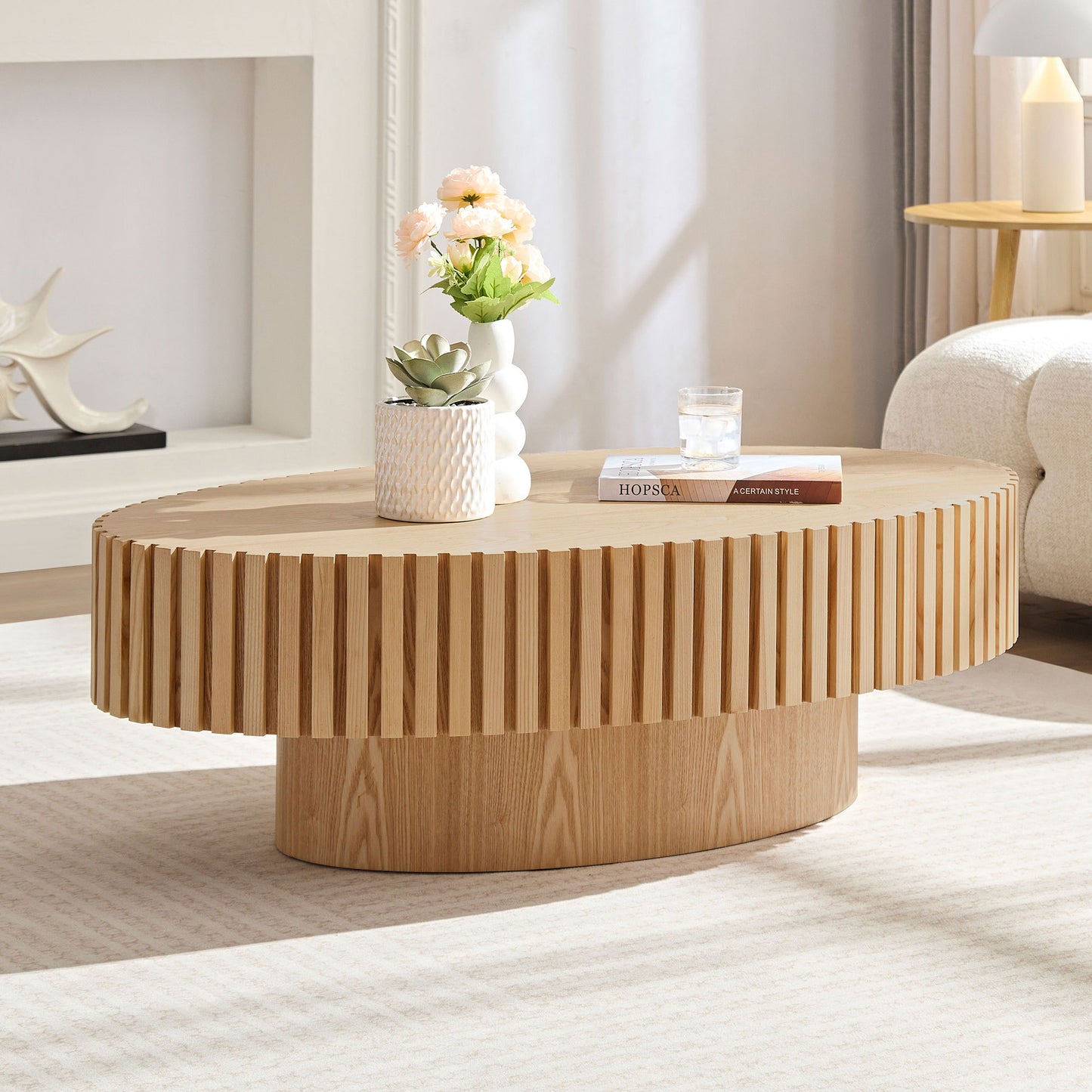 Ellipse Drum Coffee Table for Living Room, 43.7-Inch MDF Oval Table with Pedestal, Compact Natural Ash