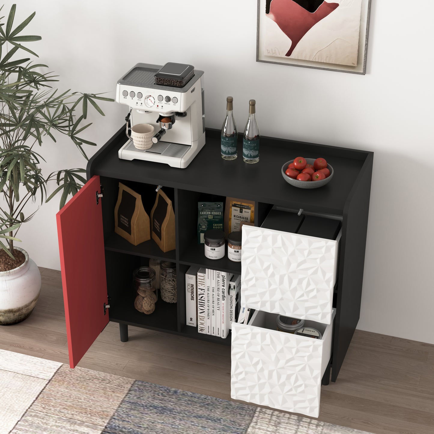 Sideboard Buffet Cabinet, Black Storage Cabinet with Red Doors , 2 Drawers with unique panel styling and 2 Open Storage Compartment, Modern Coffee Bar Cabinet Accent Cabinet for Kitchen, Dining Room,
