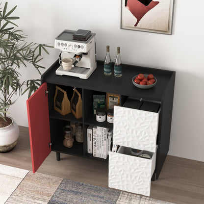 Sideboard Buffet Cabinet, Black Storage Cabinet with Red Doors , 2 Drawers with unique panel styling and 2 Open Storage Compartment, Modern Coffee Bar Cabinet Accent Cabinet for Kitchen, Dining Room,