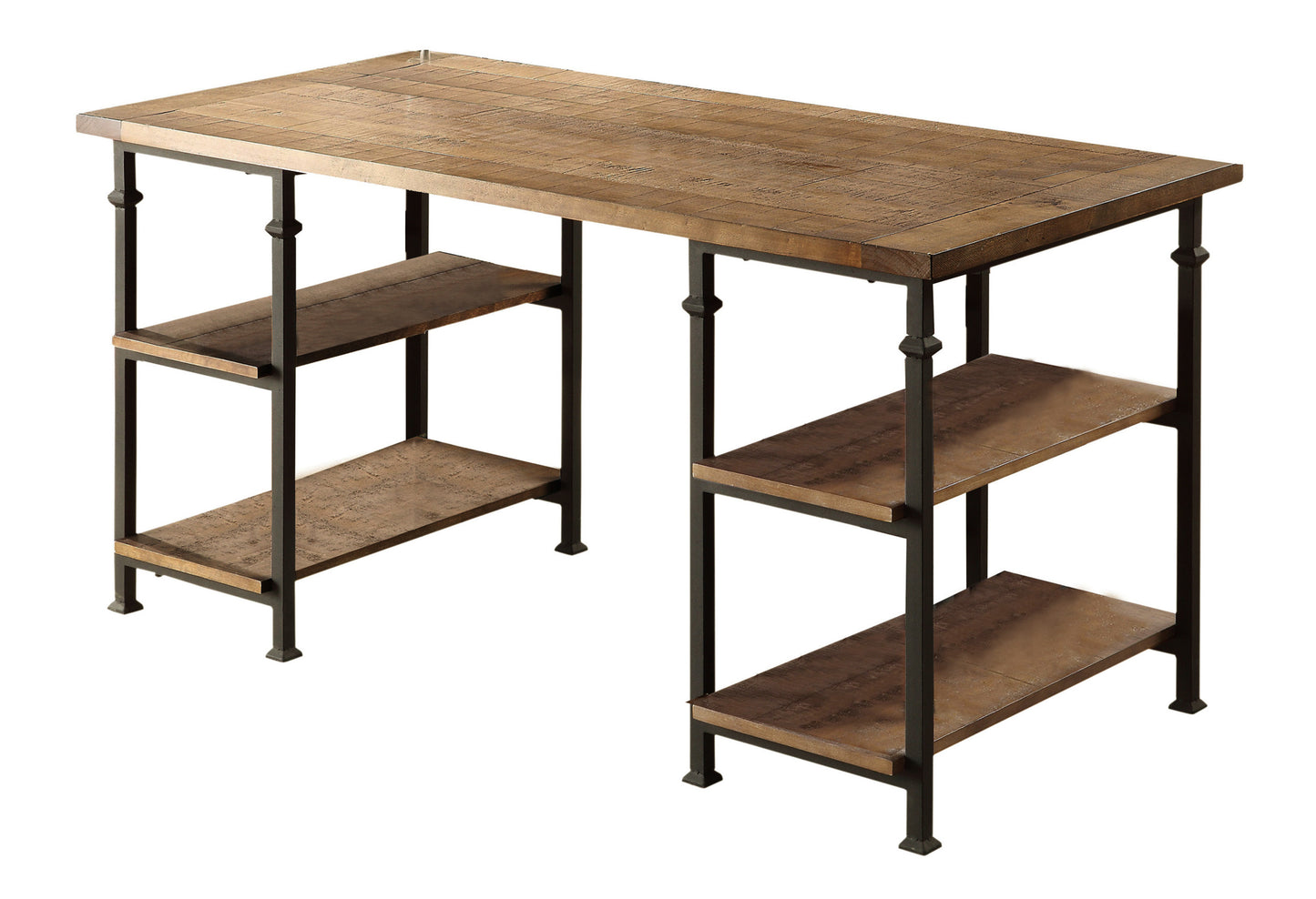 Rustic Industrial Writing Desk with 4 Open Shelves - Solid Wood and Metal Modern Office Table