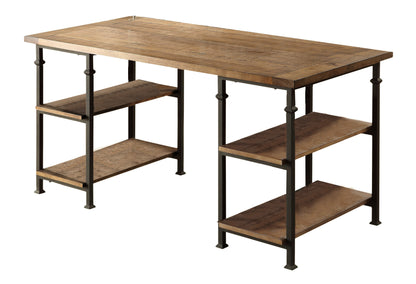 Rustic Industrial Writing Desk with 4 Open Shelves - Solid Wood and Metal Modern Office Table
