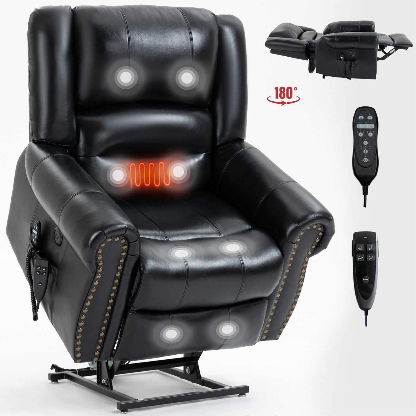 Power Lift Recliner with Dual Motors Heat Massage Position Recline 350 LBS Leather USB Ports Chair Black