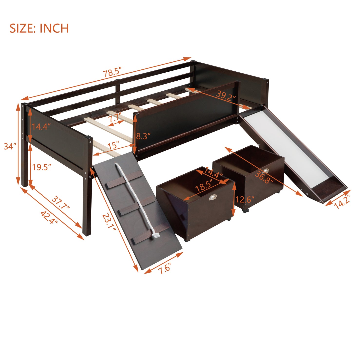 Espresso Twin Loft Bed with Slide and Storage Bins