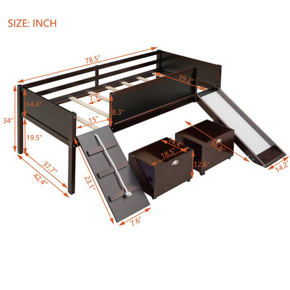 Espresso Twin Loft Bed with Slide and Storage Bins
