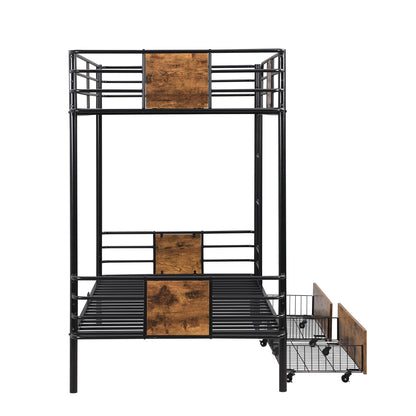 Twin XL Metal Bunk Bed with MDF Guardrails and Storage Drawers in Black