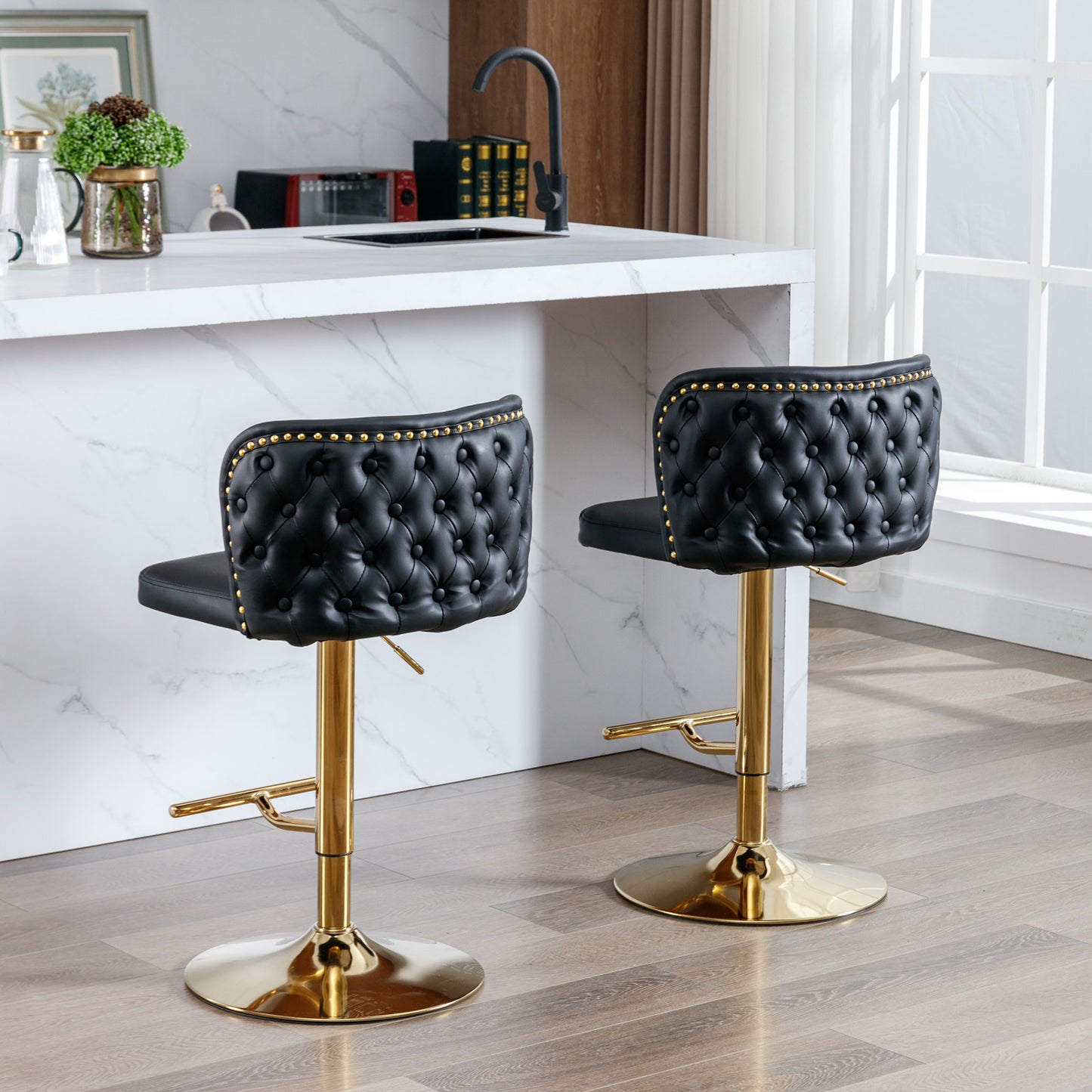 Set of 2 Adjustable Swivel Bar Stools with PU Upholstery and Full Back, Counter Height, Kitchen, Black