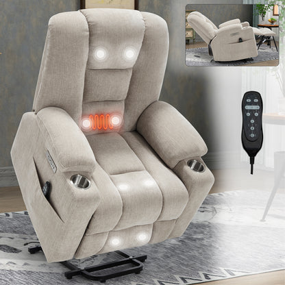 Power Lift Recliner with Massage and Heat, Heavy-Duty Chair, USB-C Ports, Cup Holders, Chenille, Beige