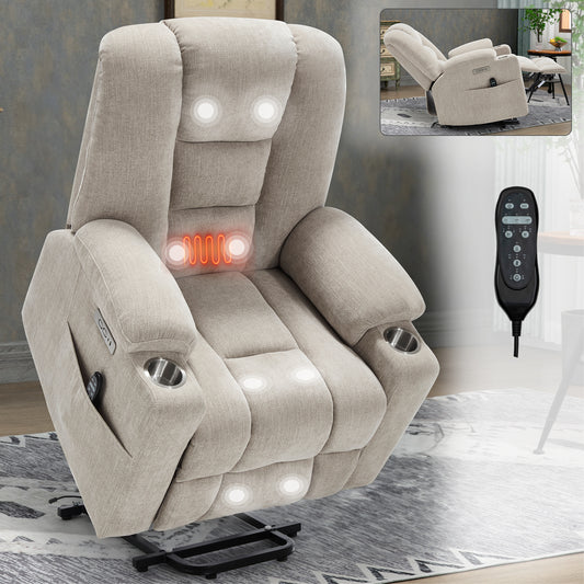 Power Lift Recliner with Massage and Heat, Heavy-Duty Chair, USB-C Ports, Cup Holders, Chenille, Beige