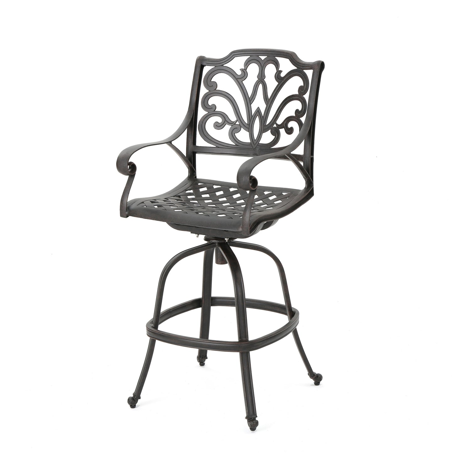 Outdoor Cast Aluminum Swivel Bar Stool With Scrolled Arms For Patio Or Poolside Use 21.6 In Depth 25.5 In Width Bronze