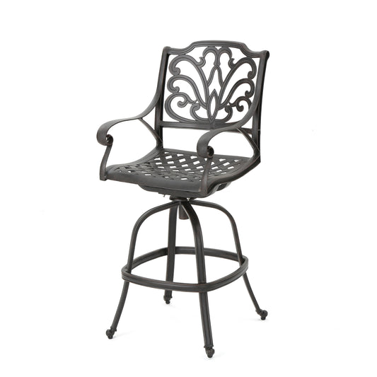 Outdoor Cast Aluminum Swivel Bar Stool With Scrolled Arms For Patio Or Poolside Use 21.6 In Depth 25.5 In Width Bronze