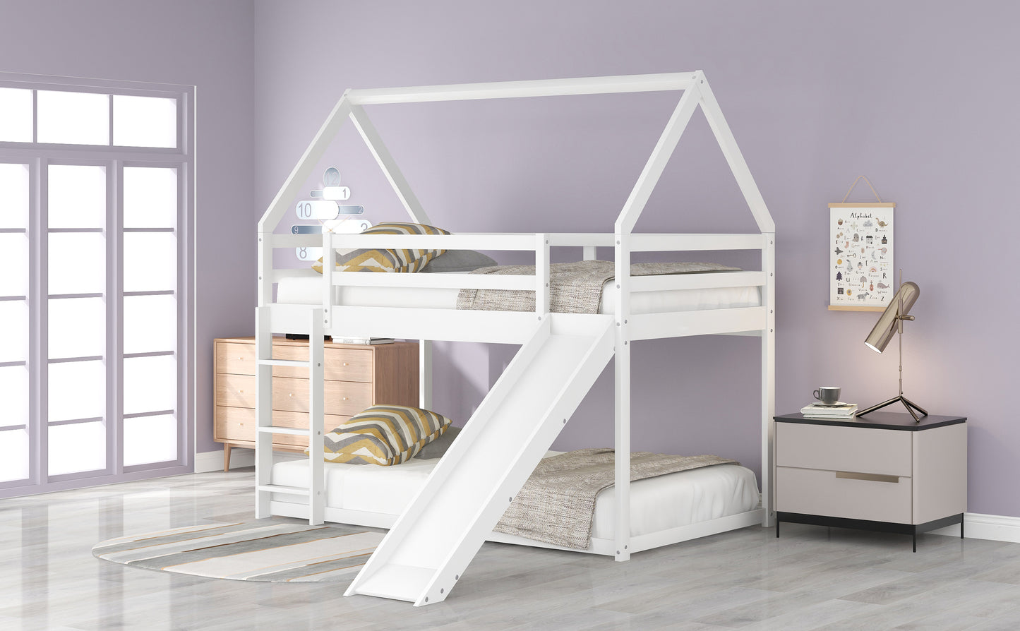 Kids' Enchanted Twin Bunk Bed with Slide & Ladder in White