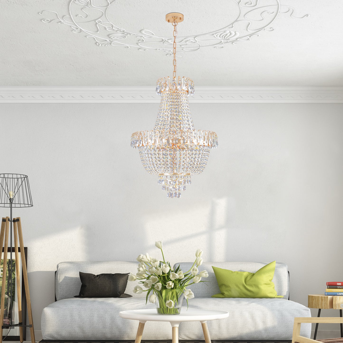 Large Crystal Chandelier Ceiling Light, 10-Light 21.7in, Iron + K9 Crystal, Living Room Hallway Gold