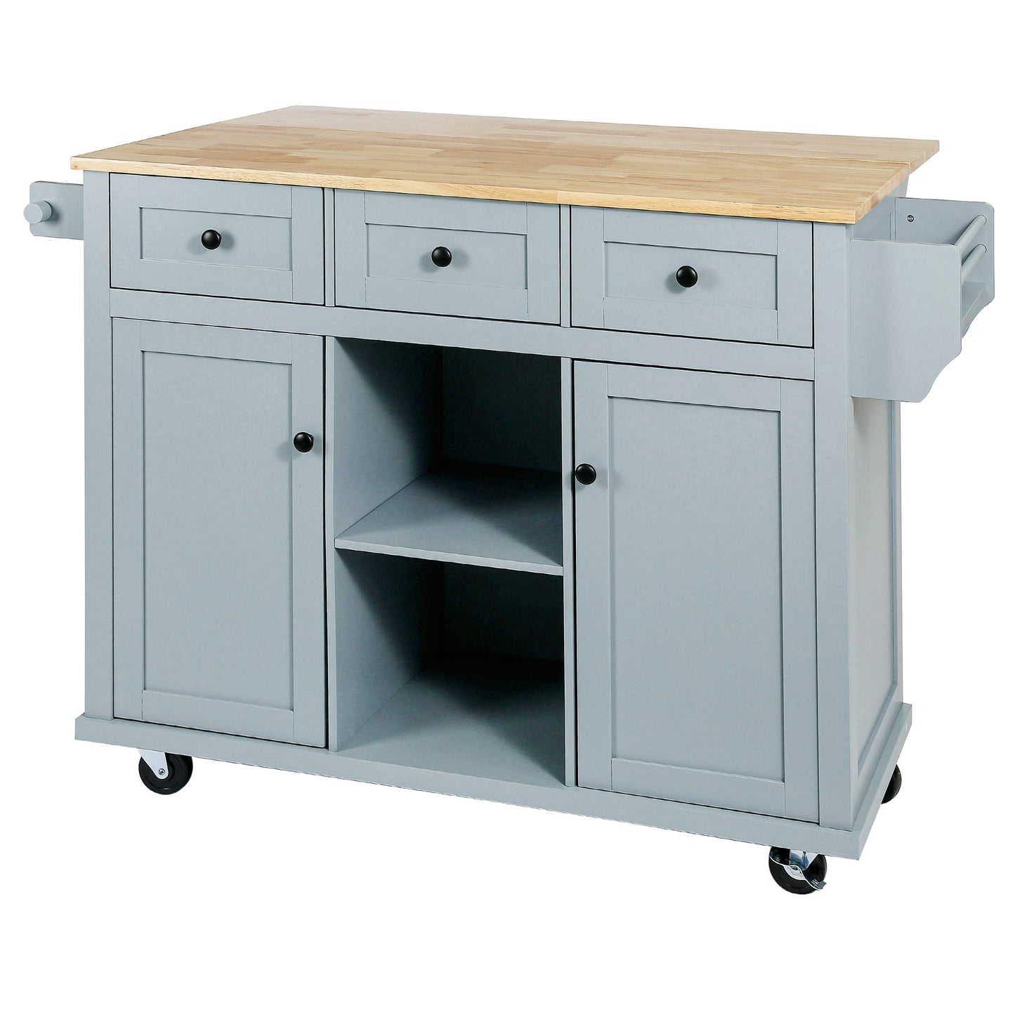 Multi-Functional Kitchen Island Cart with Rubber Wood Drop-Leaf Top, Storage Drawers, and Adjustable Shelving in Grey Blue