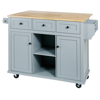 Multi-Functional Kitchen Island Cart with Rubber Wood Drop-Leaf Top, Storage Drawers, and Adjustable Shelving in Grey Blue