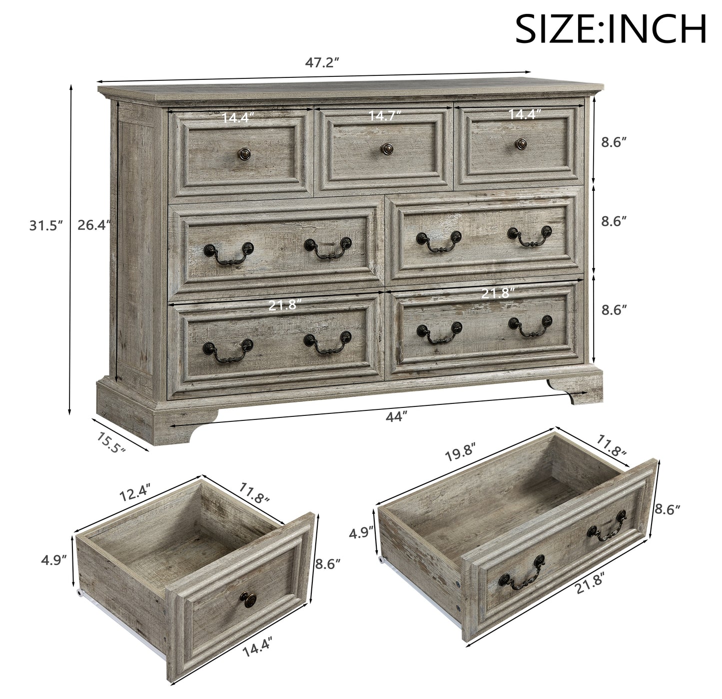 Vintage-Inspired 7-Drawer Rustic Dresser for Bedroom, Elegant Storage Chest with Antique Finish, Versatile Organizer for Living Room and Hallway, Distressed White Wood Design