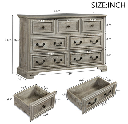 Vintage-Inspired 7-Drawer Rustic Dresser for Bedroom, Elegant Storage Chest with Antique Finish, Versatile Organizer for Living Room and Hallway, Distressed White Wood Design
