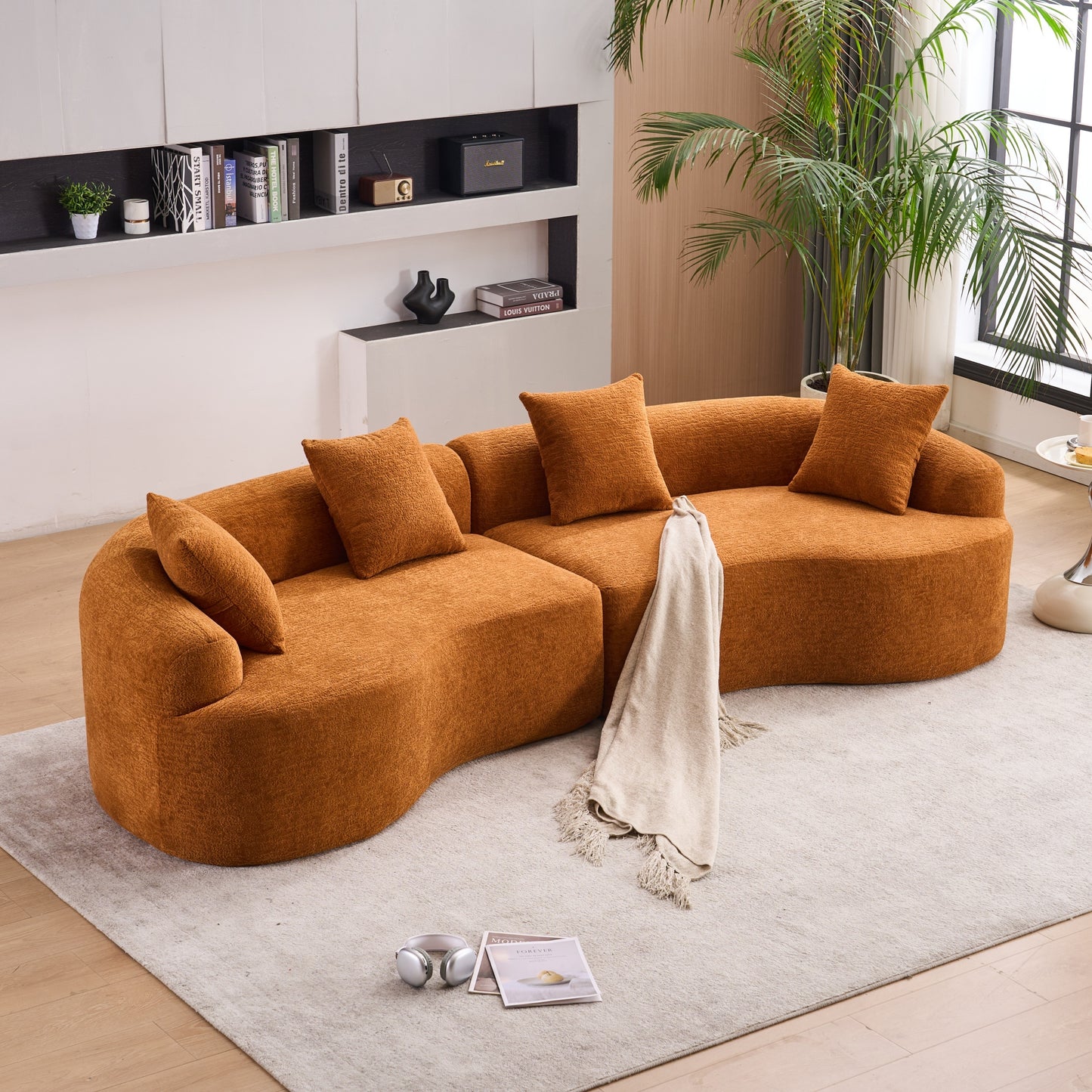 110-Inch Curved Modular Sleeper Sectional Sofa, Chenille Upholstery, 4-Seat Living Room/Apartment, Orange