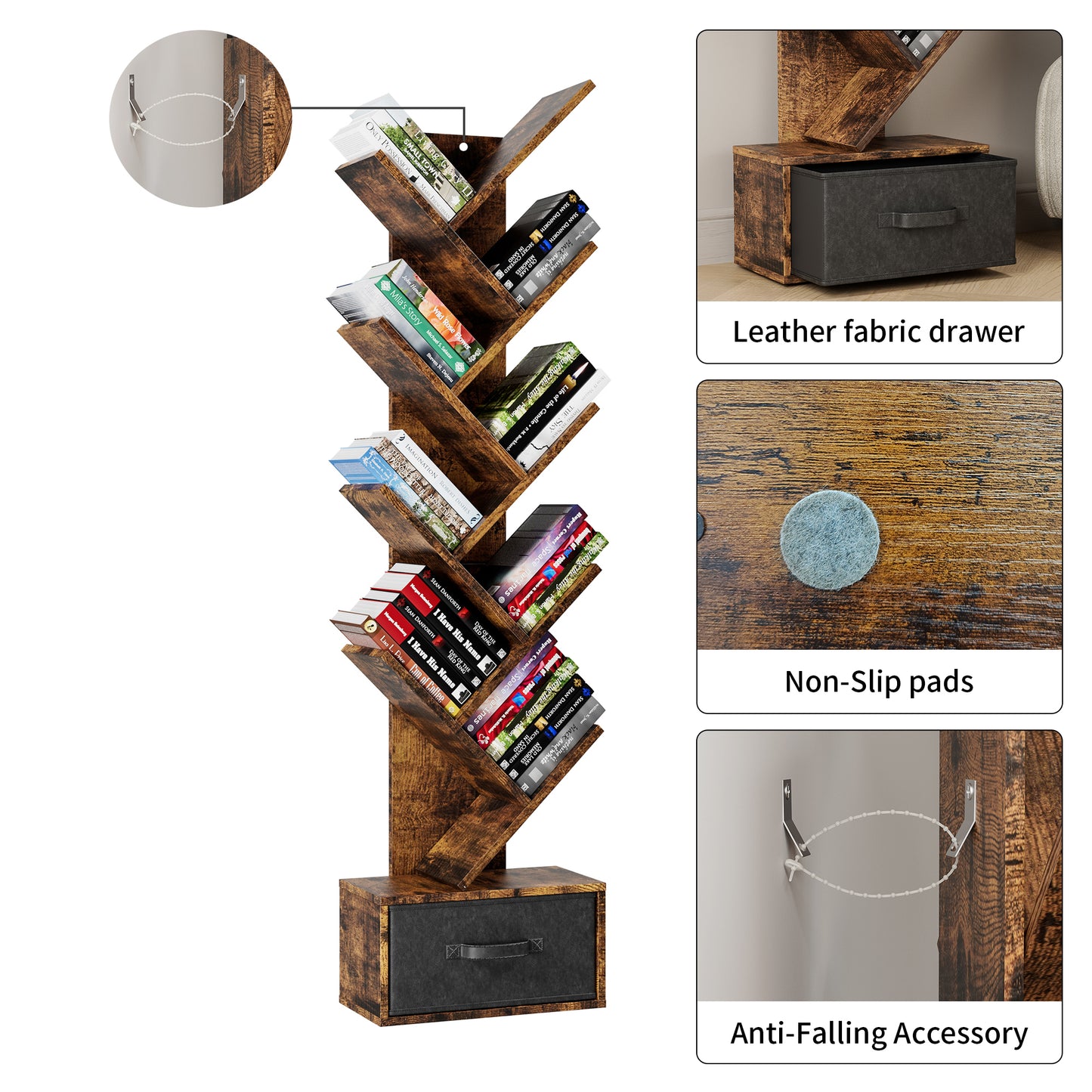 9-Tier Rustic Tree-Shaped Bookshelf with Drawer, Modern Free-Standing Organizer for Home Office and Living Room