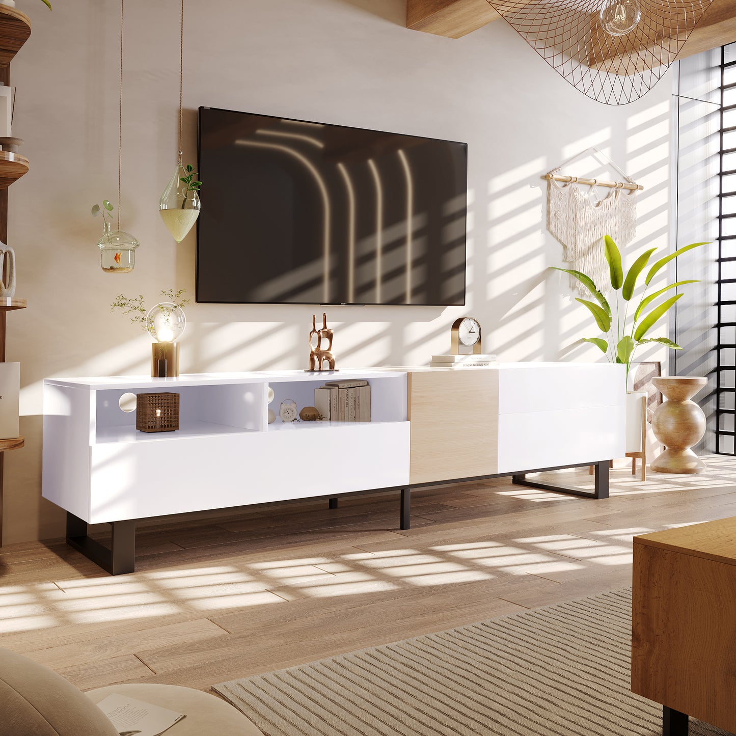 80-Inch TV Stand with Drop-Down Doors, Dual Storage, Cable Mgmt — Modern TV Console for Living Room White