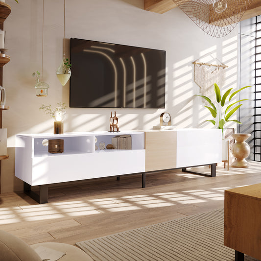 80-Inch TV Stand with Drop-Down Doors, Dual Storage, Cable Mgmt — Modern TV Console for Living Room White