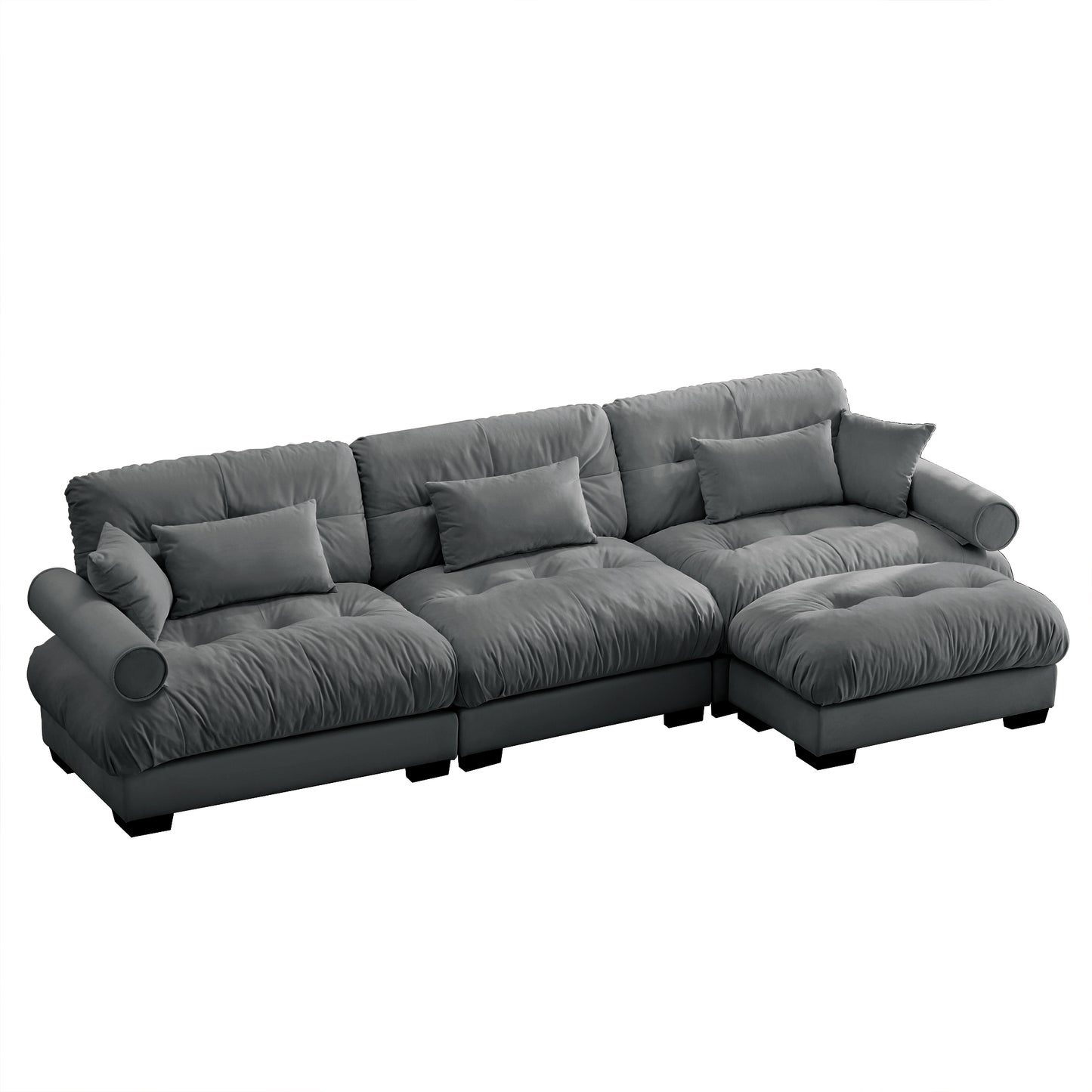 Modular Velvet Sectional Sofa with Movable Ottoman, Corner Set, Deep Cushions, Living Room Grey