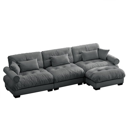 Modular Velvet Sectional Sofa with Movable Ottoman, Corner Set, Deep Cushions, Living Room Grey