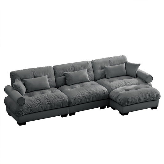 Modular Velvet Sectional Sofa with Movable Ottoman, Corner Set, Deep Cushions, Living Room Grey
