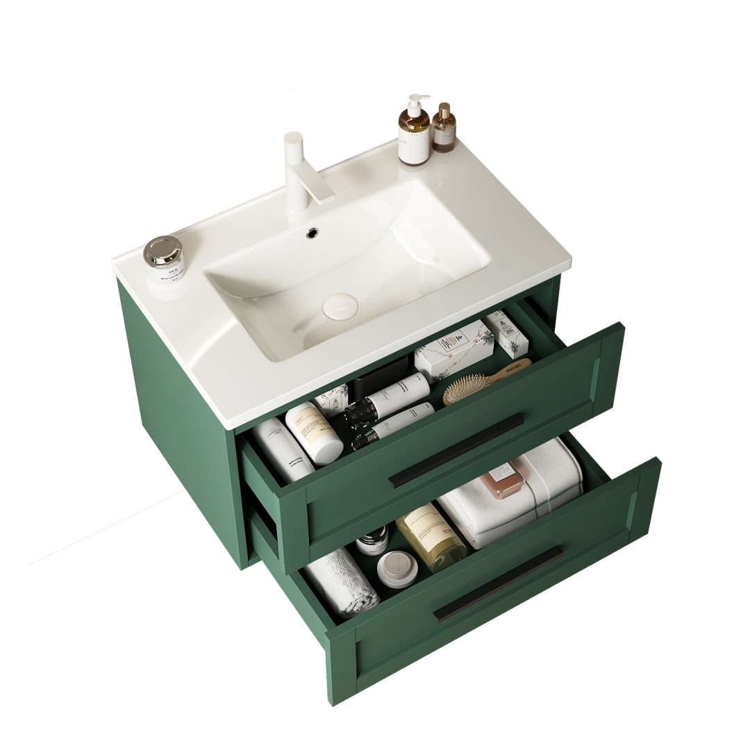 Modern 30" Wall-Mounted Bathroom Vanity with Green Accents and White Ceramic Sink, 2 Soft-Close Drawers