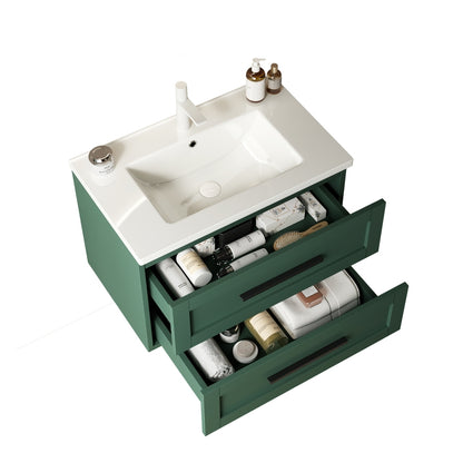 Modern 30" Wall-Mounted Bathroom Vanity with Green Accents and White Ceramic Sink, 2 Soft-Close Drawers