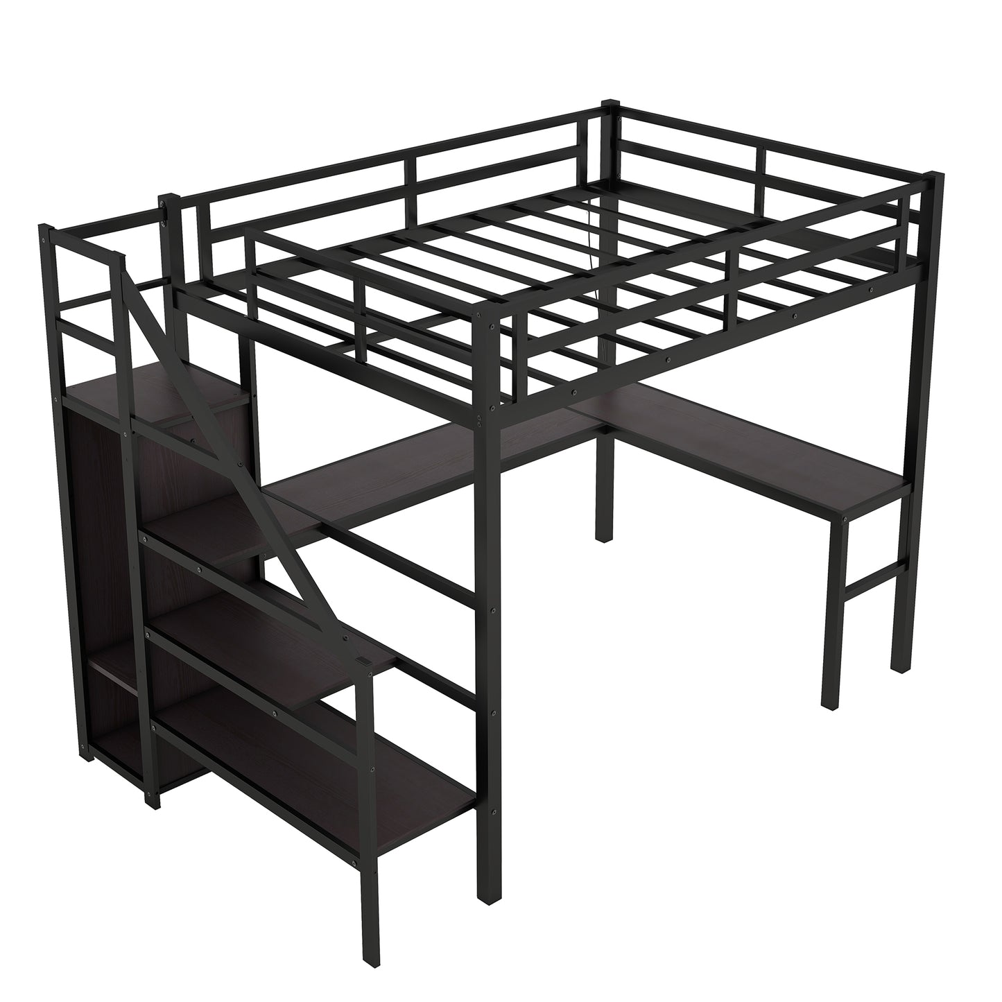 Full XL Metal Loft Bed with L-Shaped Desk, Wardrobe, USB Charging, and LED Lighting for Teens and Adults - Black