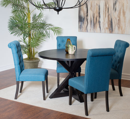 Round Cross Buck Dining Table With Four Contemporary Chairs