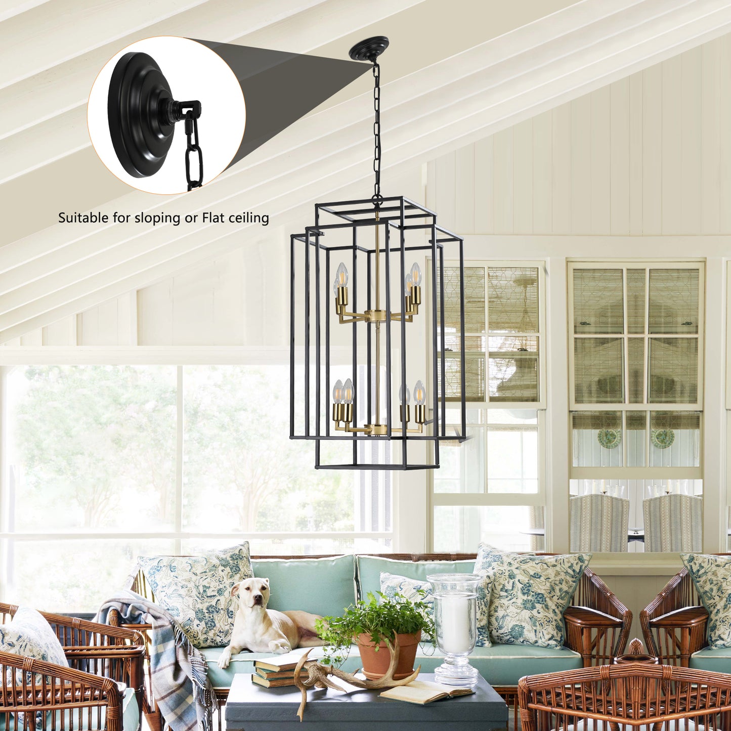 8-Light Lantern Pendant Industrial Farmhouse Chandelier Kitchen Island 60in Adjustable Boom Black & Gold