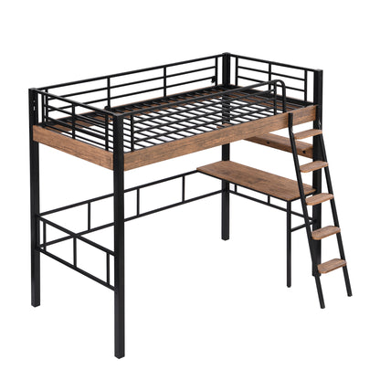 Black Metal Twin Loft Bed with Integrated Desk, Storage Shelf, and Ladder