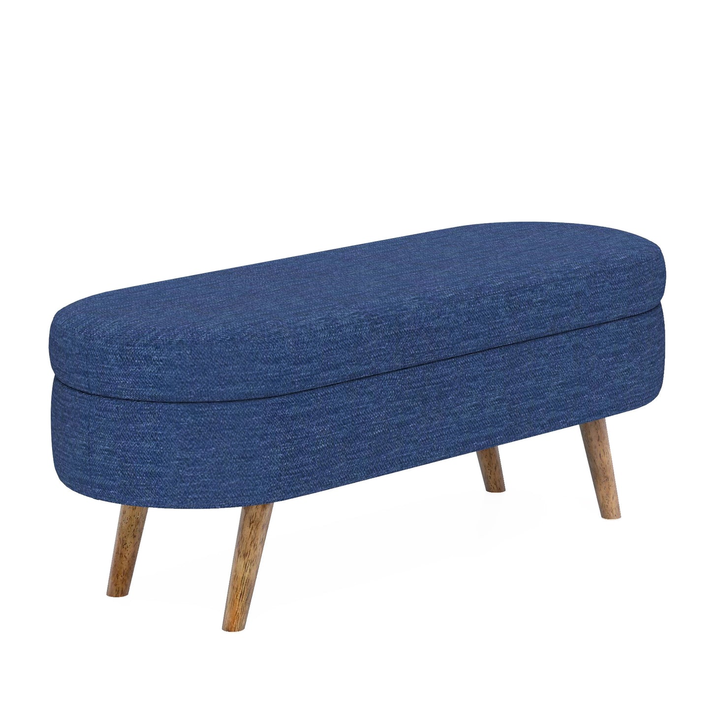 Oval Storage Ottoman Bench with Foam-Padded Linen, Rubber Wood Legs, 43.5in L x 16in W x 16in H - Blue