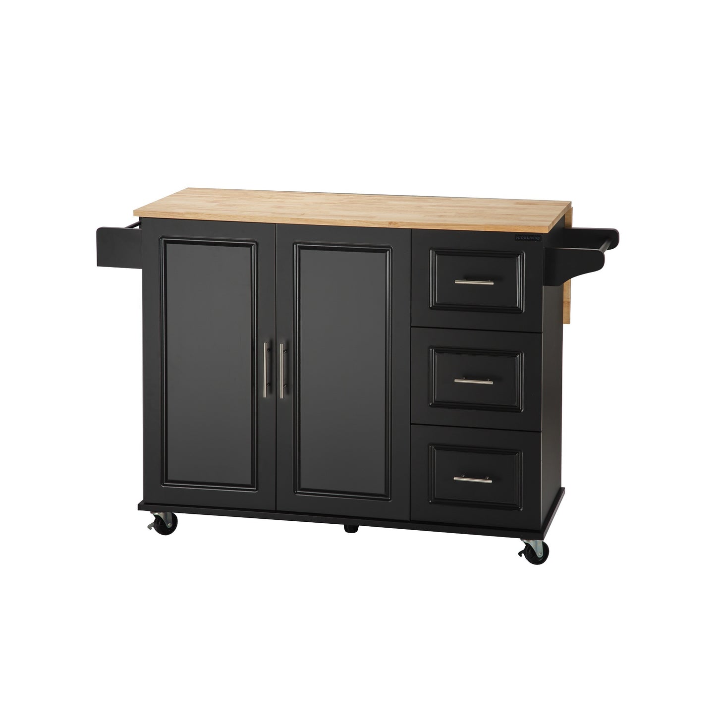 Mobile Kitchen Island with Rubber Wood Top, Adjustable Shelves & Spice Rack - Black-Beech Finish