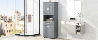 Tall Grey Storage Cabinet with Removable Laundry Hamper, Multi-Functional Upper Shelves and Cabinet Doors