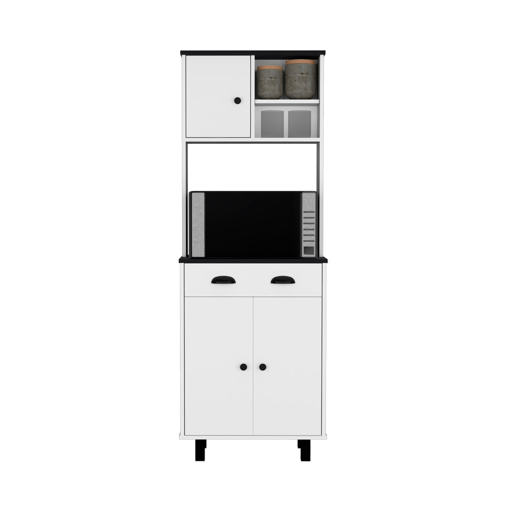 Modern Kitchen Pantry with Microwave Shelf, White & Black Design