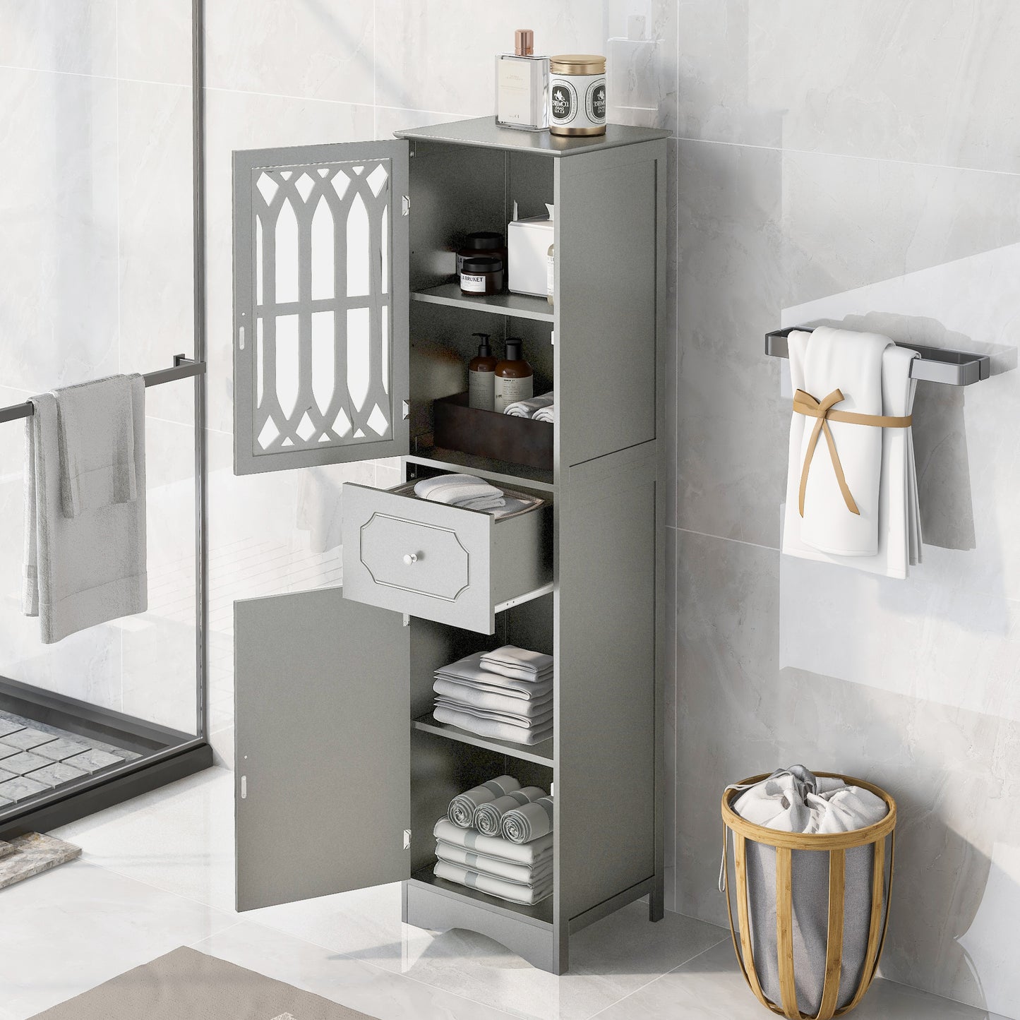 Sleek Grey Freestanding Bathroom Storage Cabinet with Adjustable Shelves and Acrylic Doors