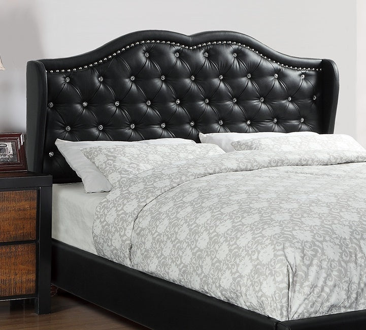 Luxurious Black Faux Leather Queen Bed Set with Wingback Headboard and Tufted Design